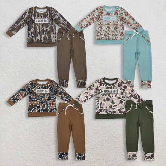 Sibling Baby Boys Kids Long Sleeves Embroidery Mama's Boy Camo Shirt Pockets Pants Sets RTS