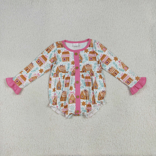 Baby Girl Long Sleeves Christmas Cake House Buttons Bubble Romper RTS