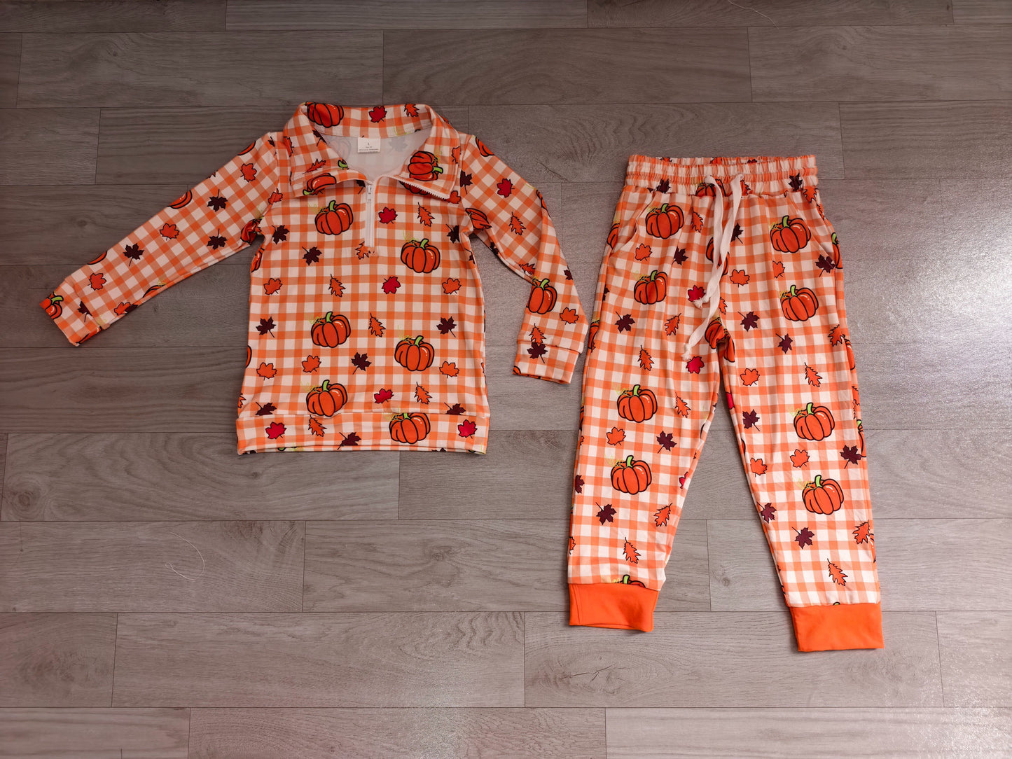 ( No moq ) Preorder Baby Boys Kids Pumpkins Plaid Zipper Pullover Pockets Pants Set Fall Clothes
