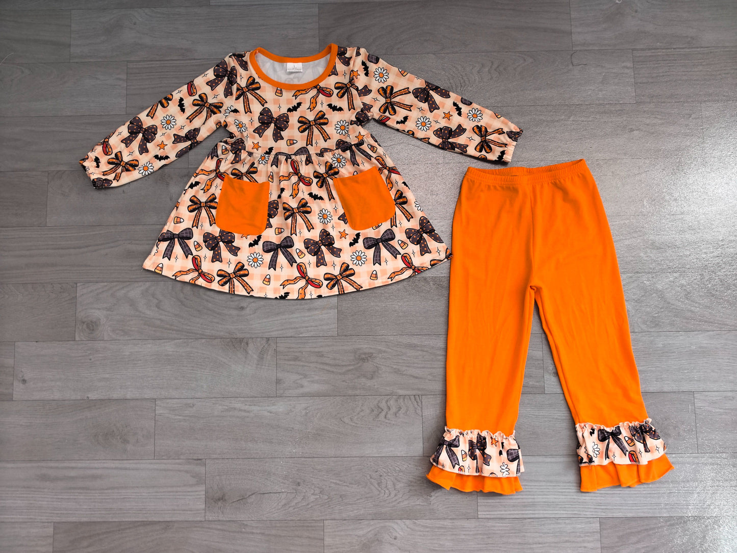 ( No moq ) Preorder Baby Girls Kids Bows Flower Candy Pockets Tunic Ruffle Pants Halloween Set Clothes
