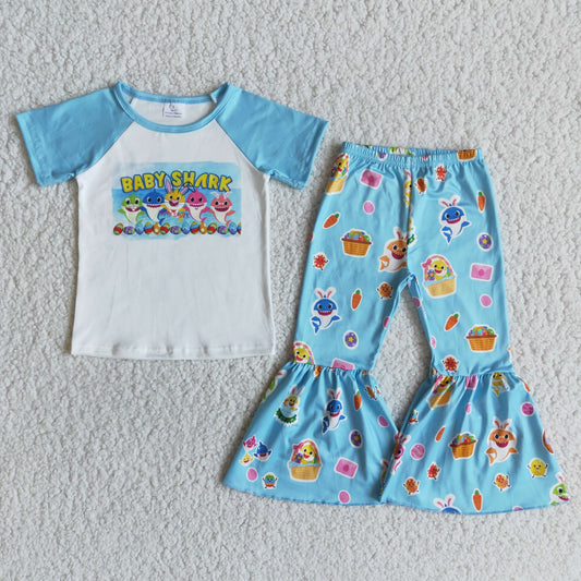 Promotion Baby Girl Short Sleeves Easter Cartoon Shirt Bell Pants Set RTS