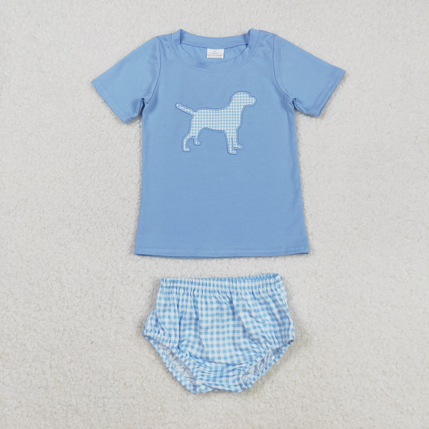 Baby Boy Short Sleeves Embroidery Dog Blue Tee Shirt Bummies Clothes Set RTS