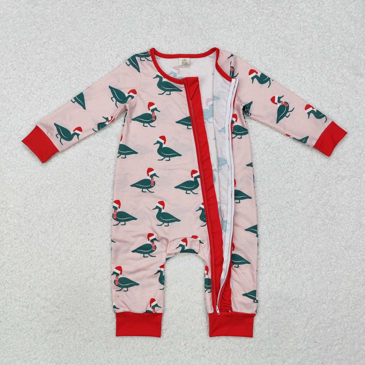 Baby Boy Infant Long Sleeves Christmas Ducks Zipper Green Romper