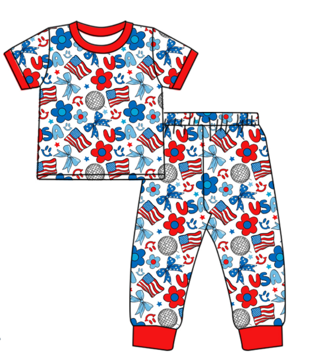 Baby Girl Short Sleeves Shirt Flower Flags Pants July 4th Pajamas Clothes Set Moq 5