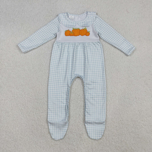 Baby Boy Long Sleeves Embroidery Pumpkins Blue Plaid Thanksgiving Footies Romper RTS