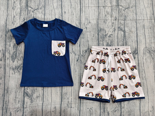 Baby Boy Short Sleeves Pocket Shirt Trucks Digger Shorts Clothes Set RTS