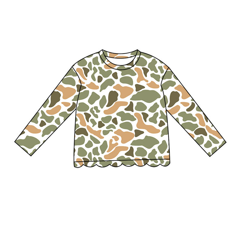 ( Moq 5 ) Preorder Baby Girls Kids Camo Long Sleeves Shirt Scallop Pullover Kids Clothes