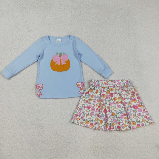 Baby Girl Blue Long Sleeves Embroidery Pumpkin Bows Shirt Floral Skort Fall Set RTS