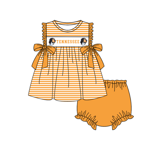 ( Moq 5 ) Baby Girls Toddler Dogs Orange Stripes Purple Bows Tops Bummie Shorts Team Set