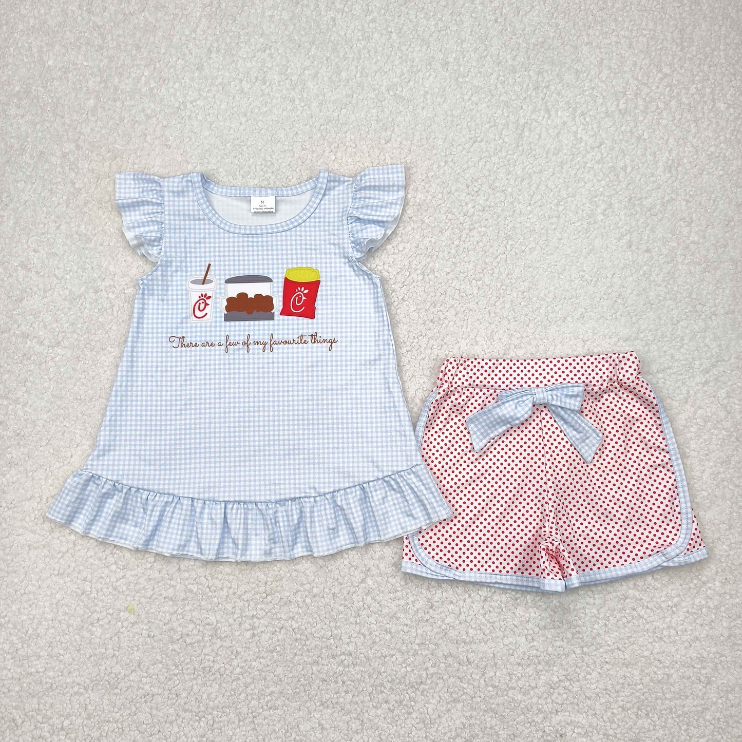 Baby Girl Short Sleeves Fries Tunic Bow Dots Shorts Clothes Set RTS