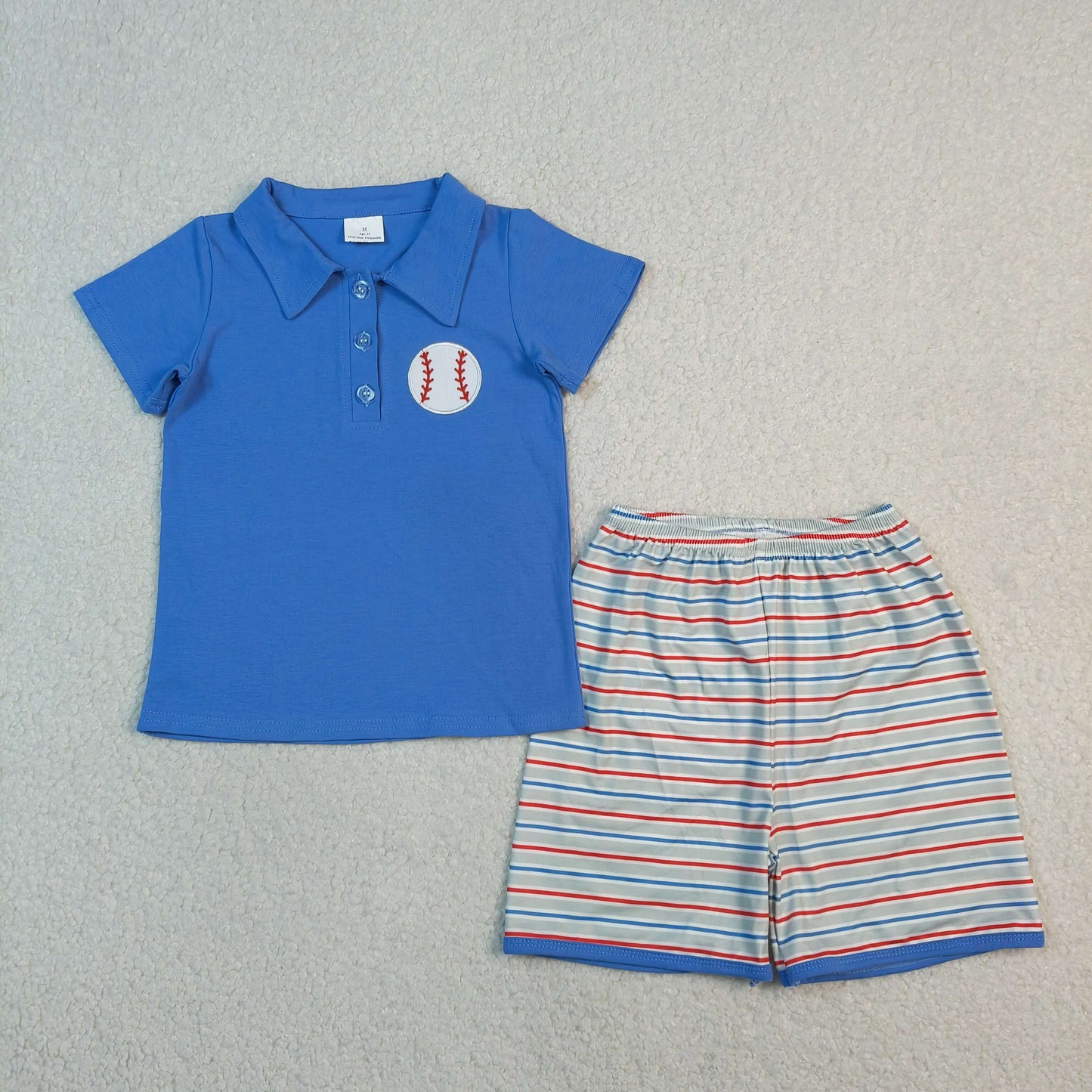 Baby Boys Kids Embroidery Baseball Blue Polo Shirt Stripes Shorts Summer Set RTS