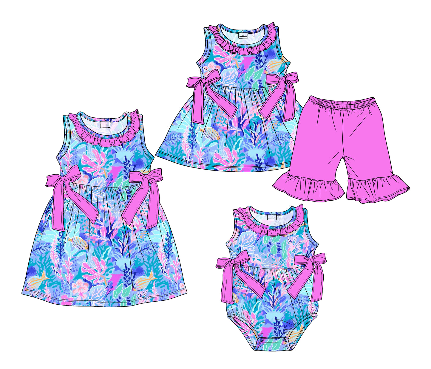 ( Moq 5 Each Style ) Sibling Baby Girls Kids Bows Fish Romper Dress Set Clothes