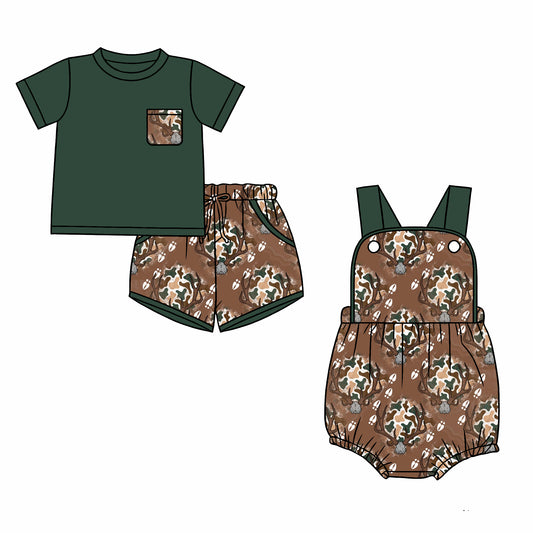 ( Moq 5 Each Style ) Sibling Baby Boys Kids Shirt Pockets Shorts Camo Deer Set Romper
