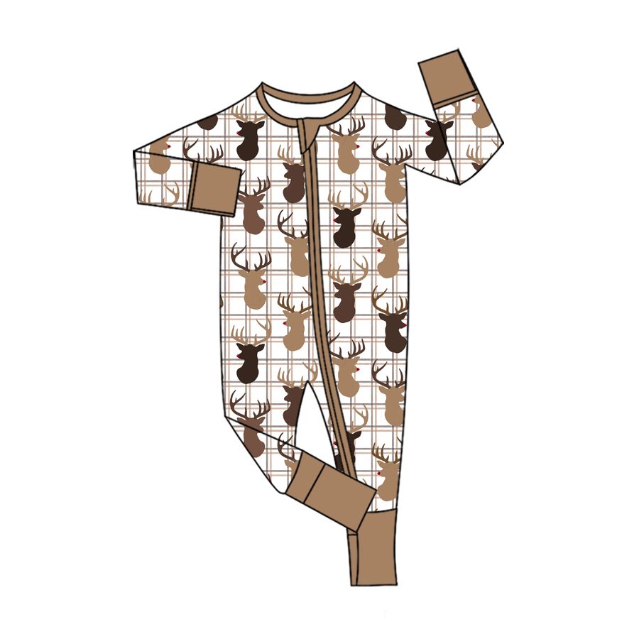 ( Moq 5 ) Preorder Baby Boys Kids Deer Plaid Zipper Sleeper Footie Romper Hunting Clothes