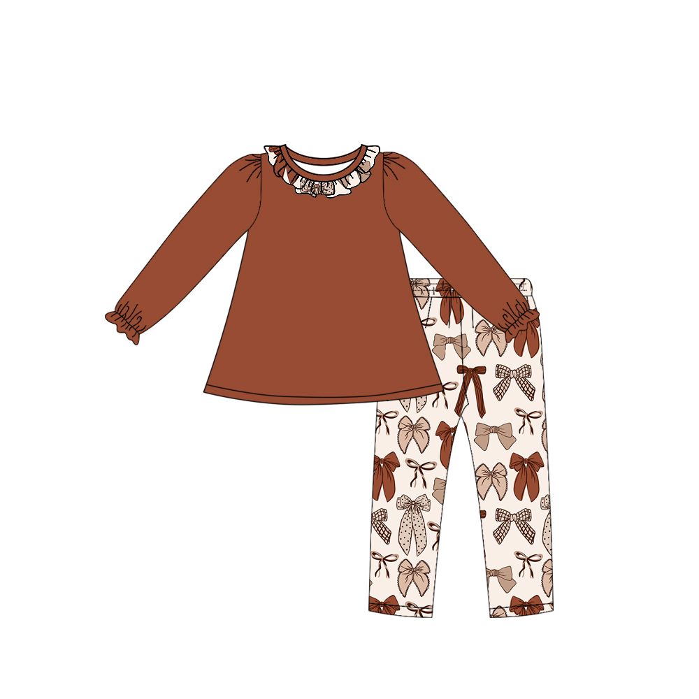 ( Moq 5 ) Preorder Baby Girls Kids Long Sleeves Brown Tunic Bows Pants Set Clothes