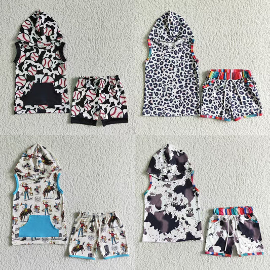 Promotion Baby Boy Toddler Sleeveless Hoodie Shirts Shorts Sibling Set RTS