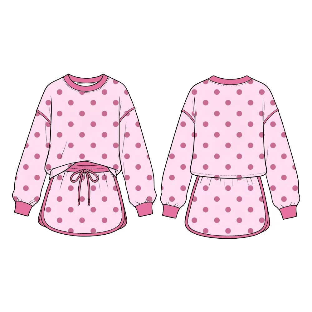( Moq 5 ) Preorder Baby Girls Kids Long Sleeves Dots Shirt Skirt Shorts Light Pink Set Clothes