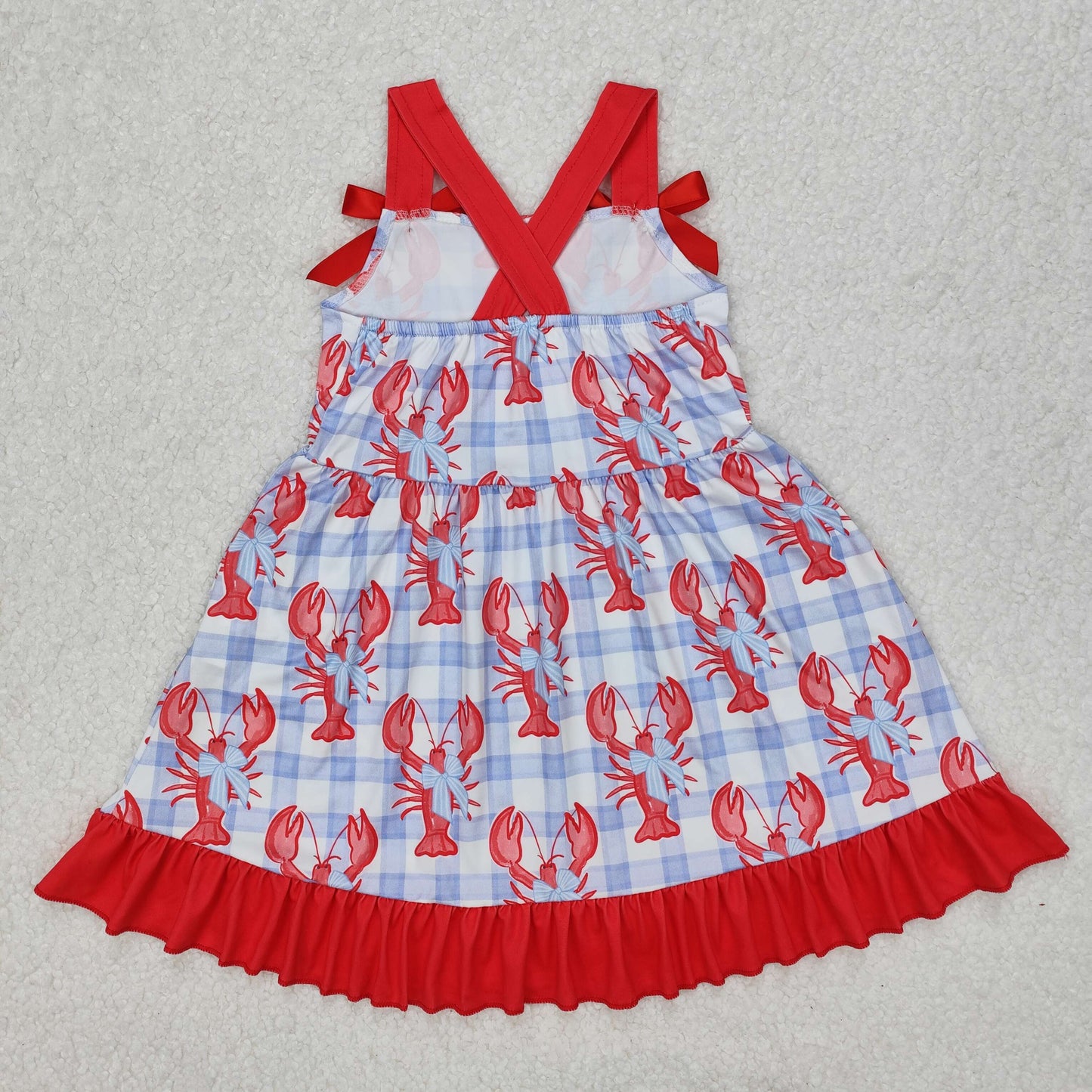 Baby Girl Straps Checkered Crawfish Bows Knee Length Dress RTS