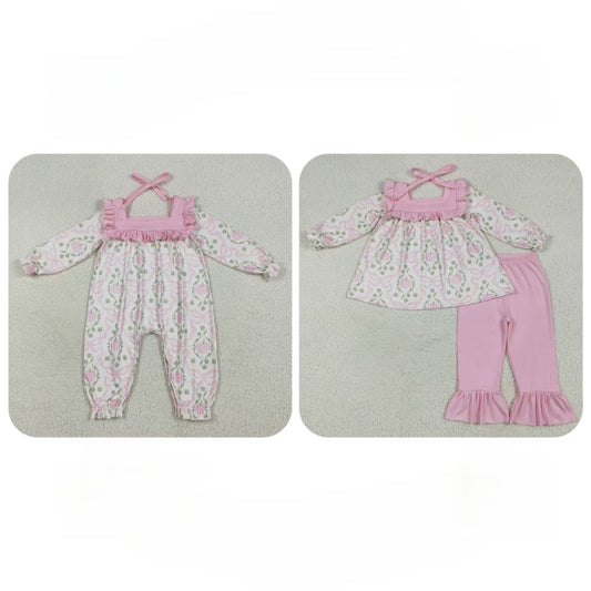 Baby Girl Long Sleeves Pink Bows Pumpkins Sibling Ruffle Fall Romper Set RTS