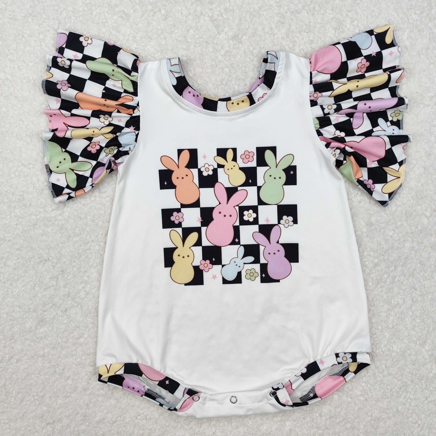 Baby Girl Infant Short Sleeves Easter Checkered Rabbit Bubble Romper