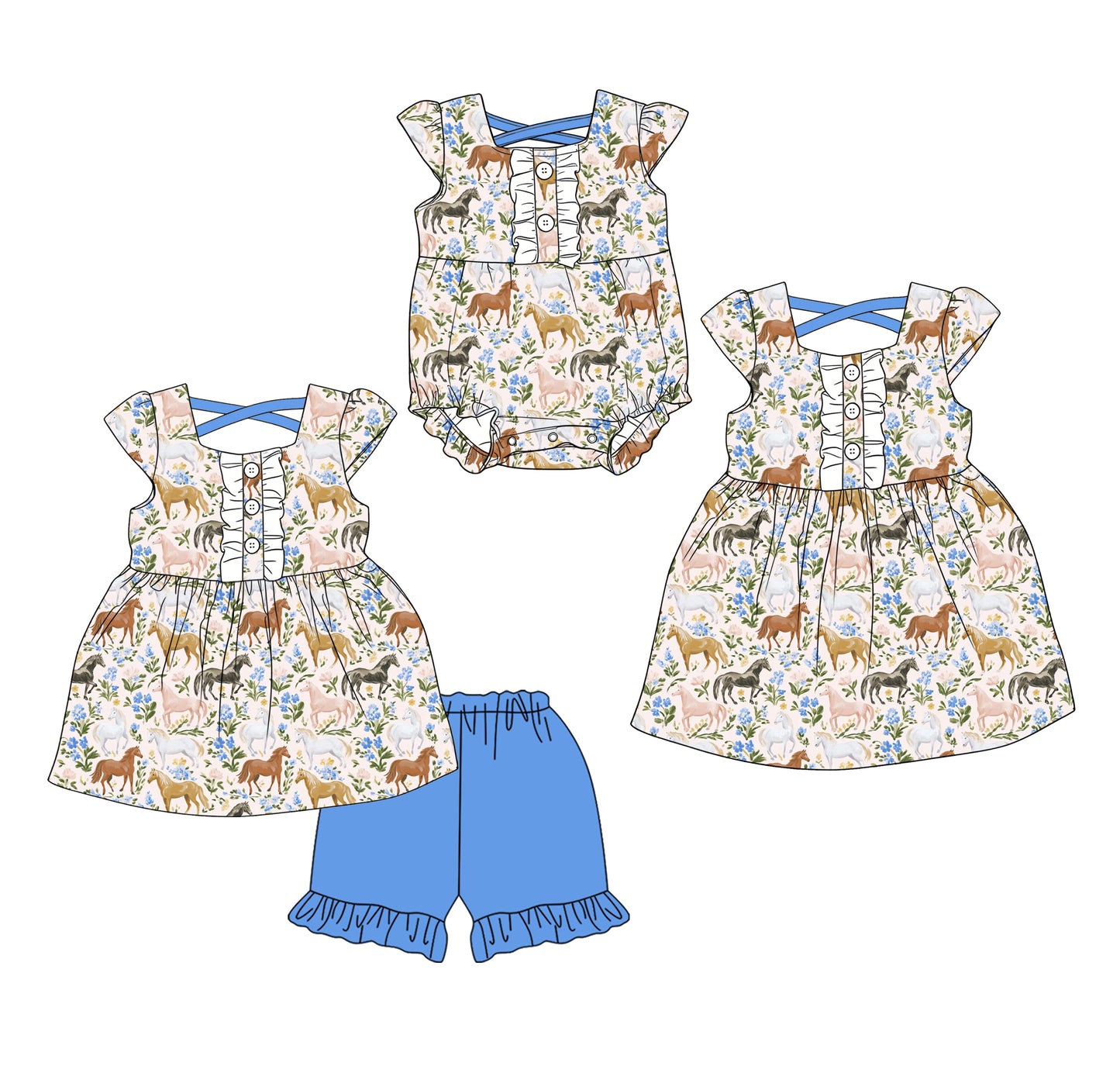 ( Moq 5 Each Style ) Baby Girls Kids Short Sleeves Horse Flower Sibling Romper Dress Set