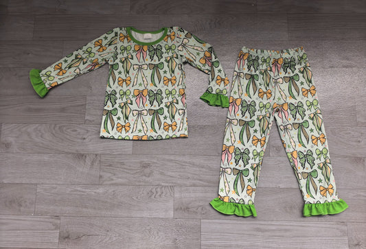 ( No moq ) Preorder Baby Girls Kids Bows Shirt Pants St. Patrick Set Pajamas Green Clothes