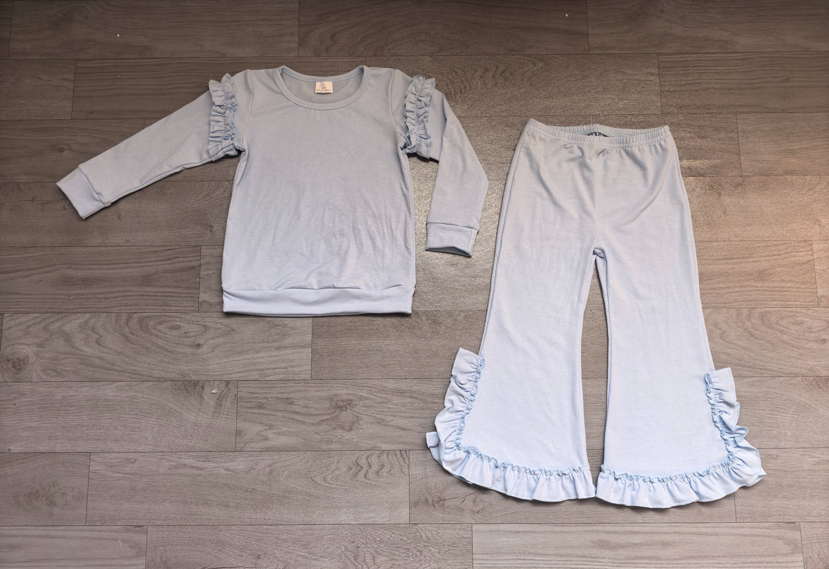 ( No moq ) Preorder Baby Girls Kids Long Sleeves Shirt Bows Ruffle Pants Cotton Set Blue Clothes