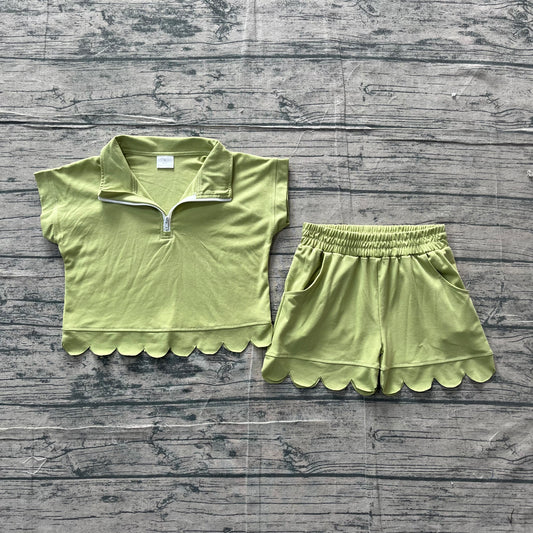 ( No moq ) Preorder Baby Girls Kids Green Short Sleeves Zipper Shirt Scallop Shorts Set