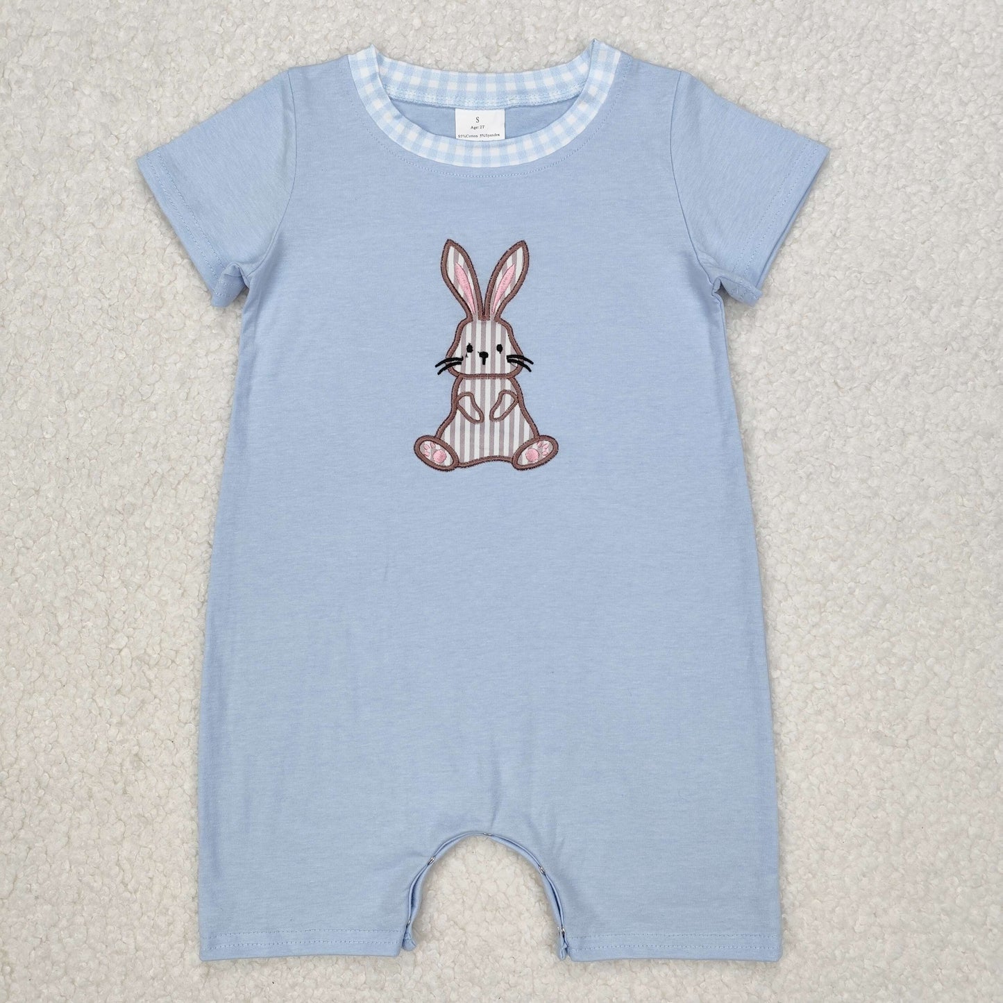 Baby Boy Infant Short Sleeves Blue Embroidery Easter Rabbit Buttons Romper RTS
