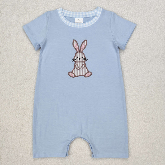 Baby Boy Infant Short Sleeves Blue Embroidery Easter Rabbit Buttons Romper RTS