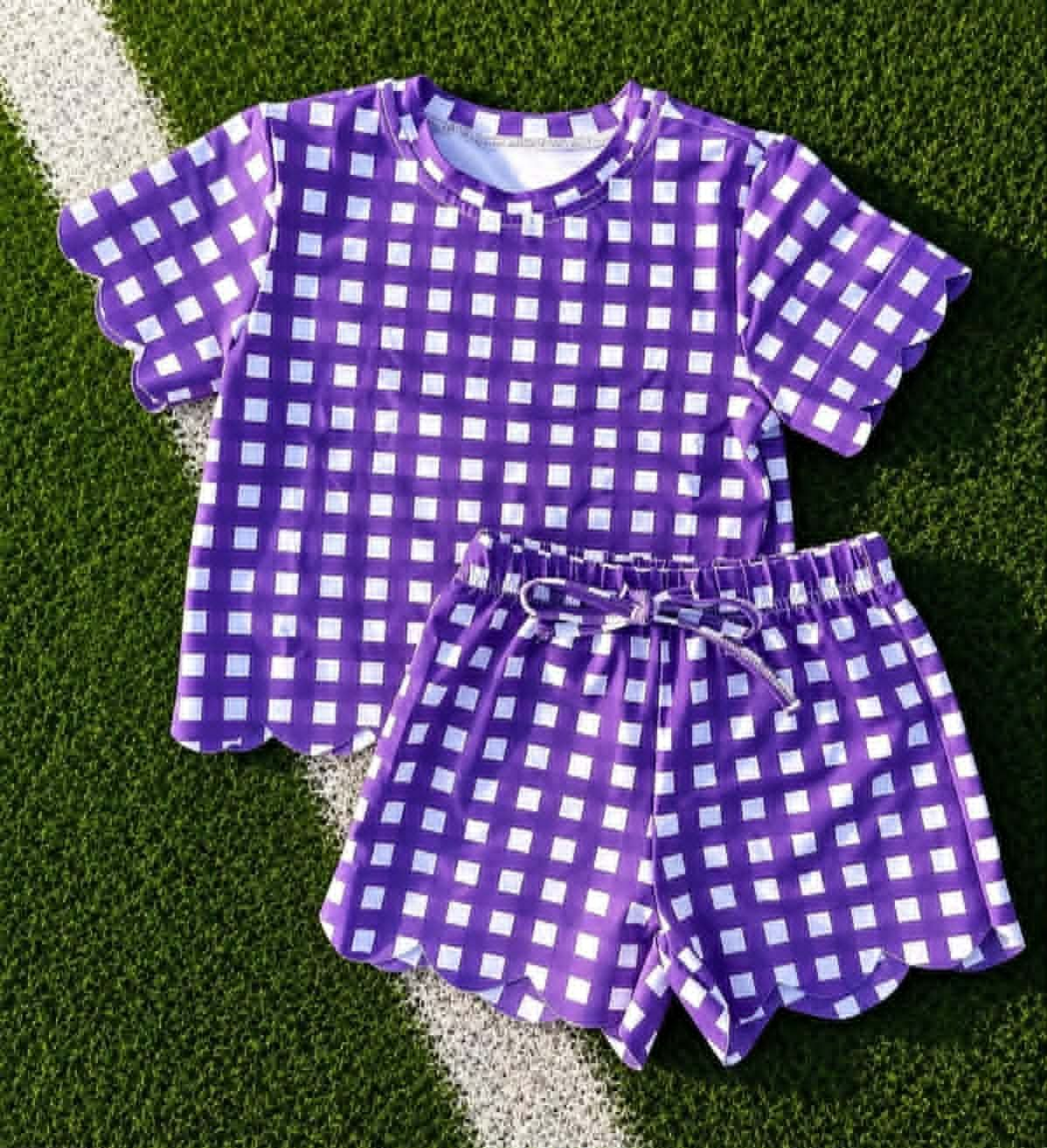 ( Moq 5 ) Preorder Baby Girls Kids Short Sleeves Purple Plaid Shirt Scallop Shorts Set Clothes