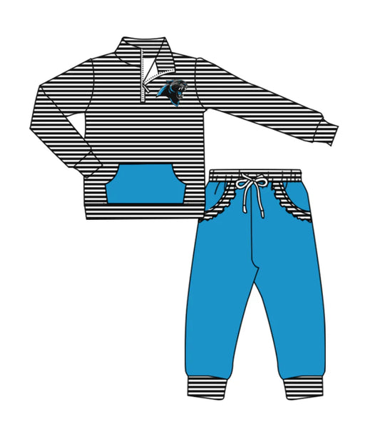( Moq 5 ) Baby Girls Toddler Stripes Long Sleeves Leopard Zipper Pullover Ruffle Pockets Blue Pants Team Clothes Outfit