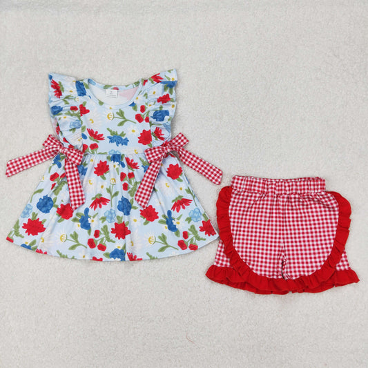 Baby Girl July 4th Flower Bows Tunic Plaid Ruffle Shorts Clothes Set RTS