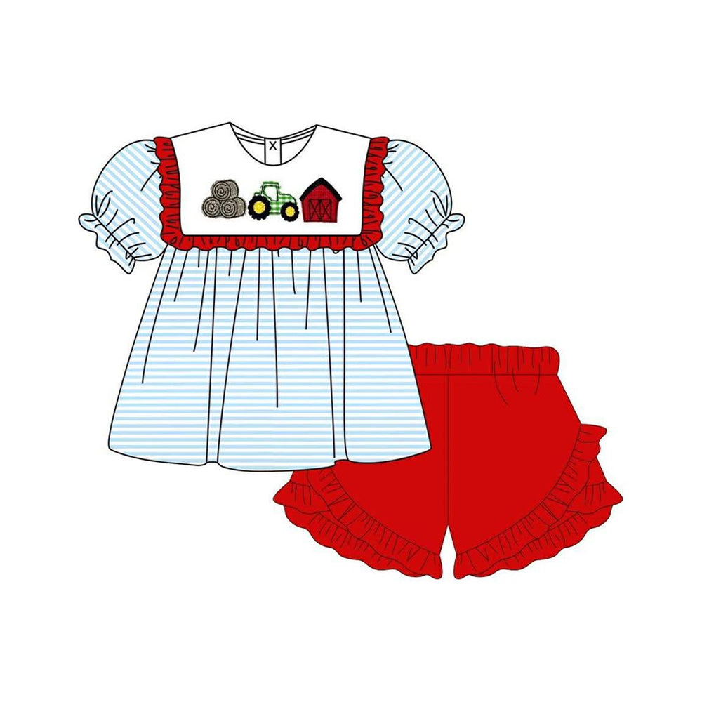 ( Moq 5 ) Preorder Baby Girl Kids Tractor Farm Stripes Tunic Red Ruffle Shorts Set
