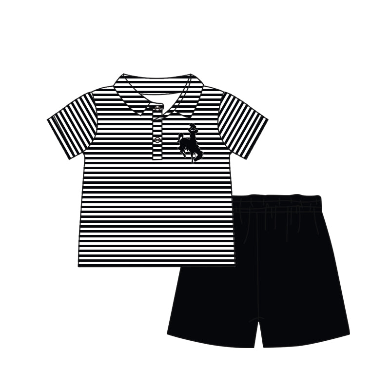 Baby Boy Short Sleeves Team Stripes Buttons Shirt Black Shorts Set Moq 5