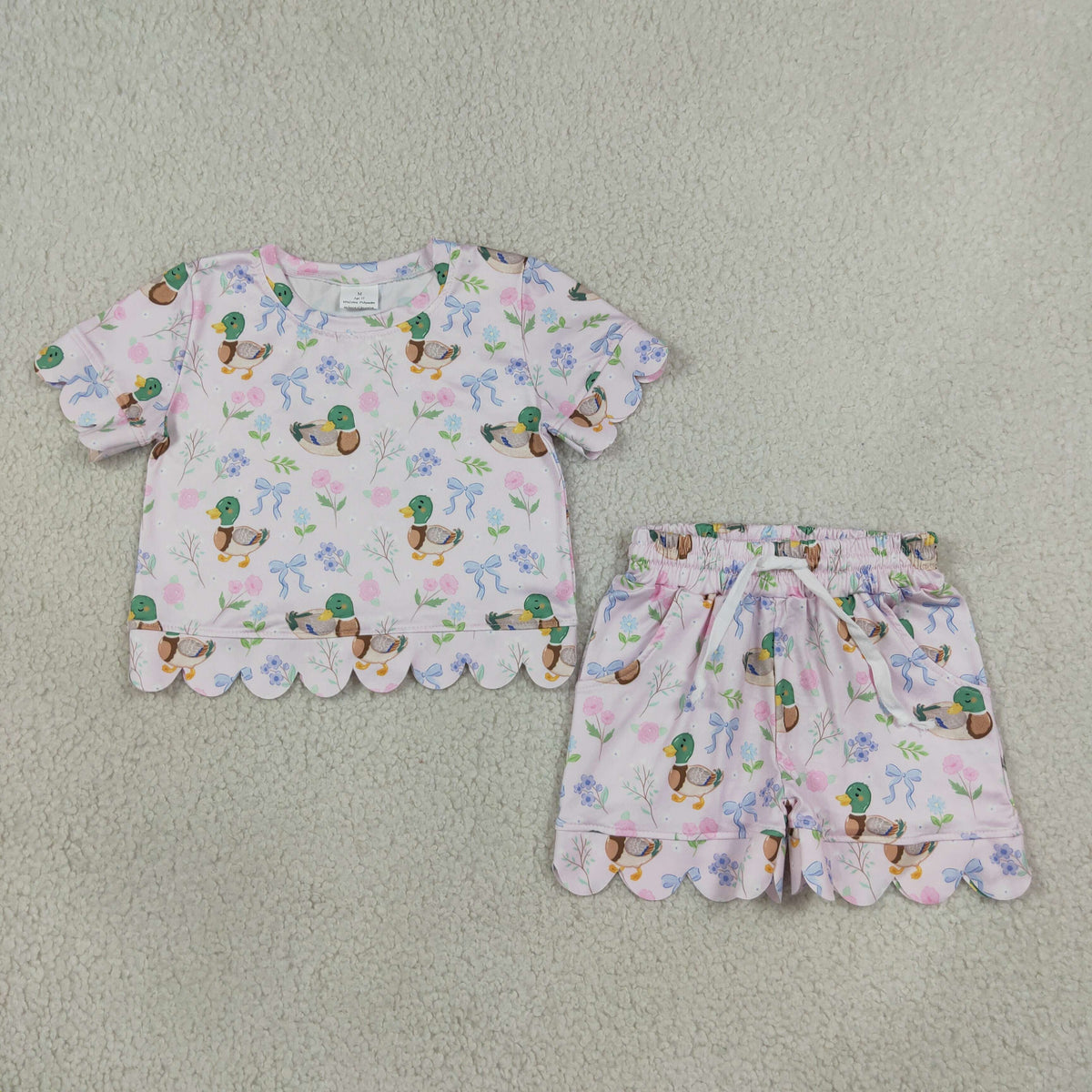 Baby Girls Kids Short Sleeves Ducks Flower Bows Shirt Scallop Shorts Set Clothes RTS