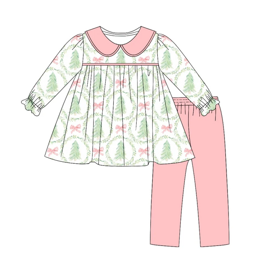 ( Moq 5 ) Preorder Baby Girls Kids Long Sleeves Christmas Tree Bows Tunic Pants Set Clothes