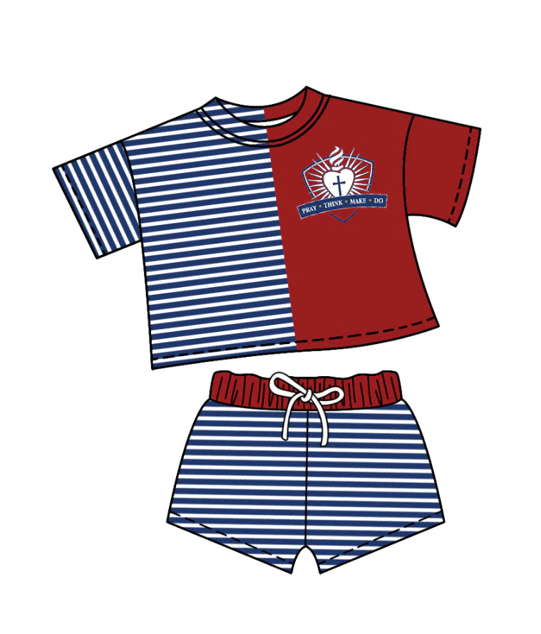 ( Moq 5 ) Baby Girls Short Sleeves Church Shirt Navy Stripes Shorts Team Clothes Set