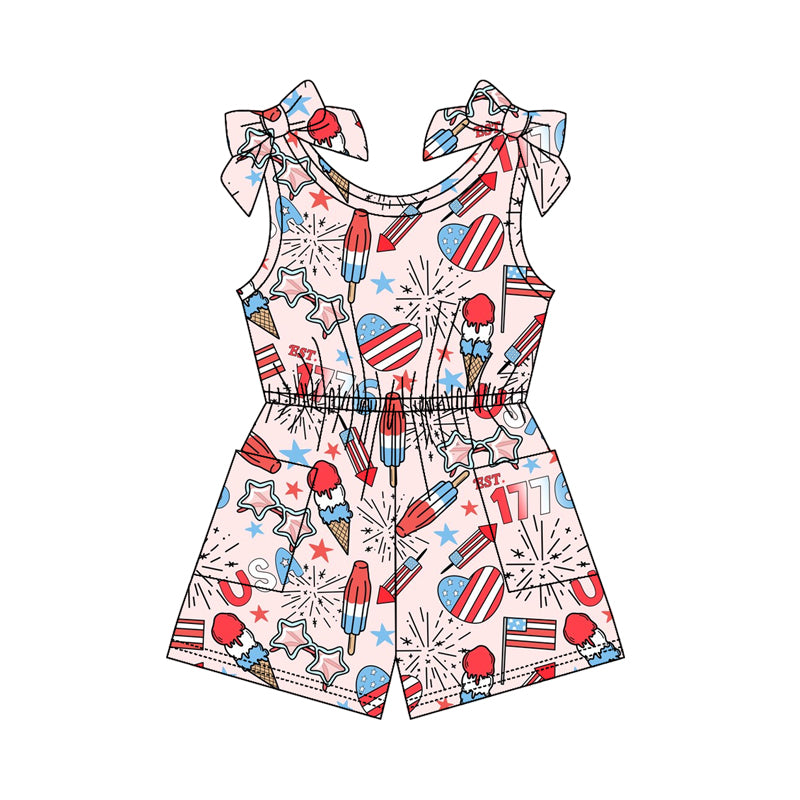 ( Moq 5 ) Preorder Baby Girls Kids Bows Sleeveless Popsicle Pockets Shorts 4th of July Jumpsuit
