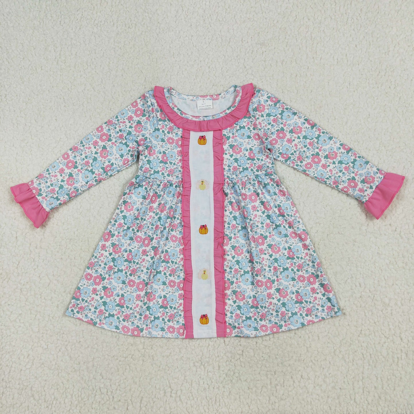 Baby Girl Long Sleeves Floral Embroidery turkey Pumpkins Bows Thanksgiving Dress RTS