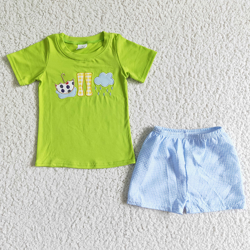 Promotion Baby Boy Green Short Sleeves Embroidery Umbrella Shirt Shorts Outfit RTS