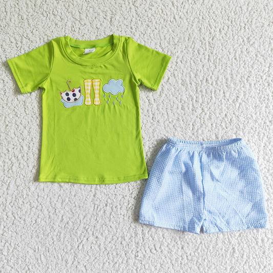 Promotion Baby Boy Green Short Sleeves Embroidery Umbrella Shirt Shorts Outfit RTS