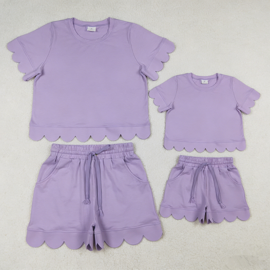 Sibling Baby Girls Adult Women Short Sleeves Purple Cotton Shirts Shorts Scallop Sets Summer Clothes RTS