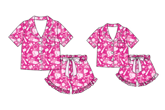 ( Moq 5 Each Style ) Baby Girl Adult Women Short Sleeves Pink Shirt Shorts Sibling Mommy And Me Family Pajamas Sets