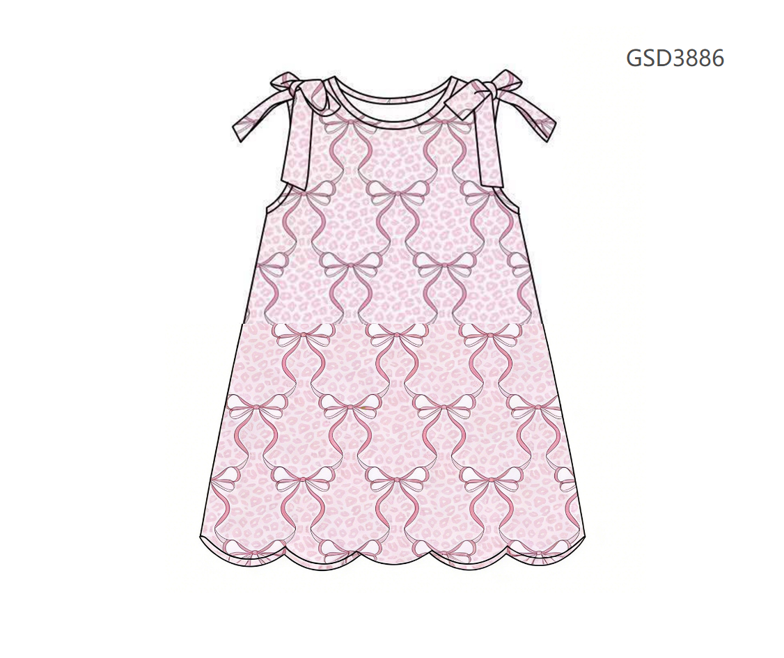 ( Moq 5 ) Preorder Baby Girls Kids Sleeveless Pink Bows Leopard Knee Length Dress