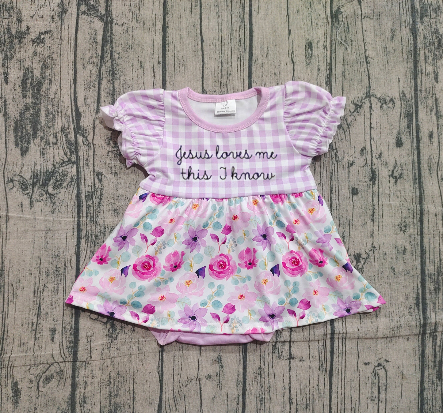 ( No moq ) Preorder Baby Girls Purple Plaid Flower Embroidery Jesus Love Me Romper