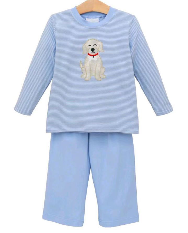 ( Moq 5 ) Preorder Baby Boy Long Sleeves Dog Blue Stripes Shirt Pants Pajamas Set