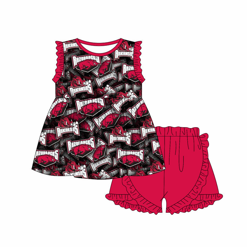 Baby Girl Sleeveless Pigs Team Tunic Red Shorts Set Moq 5