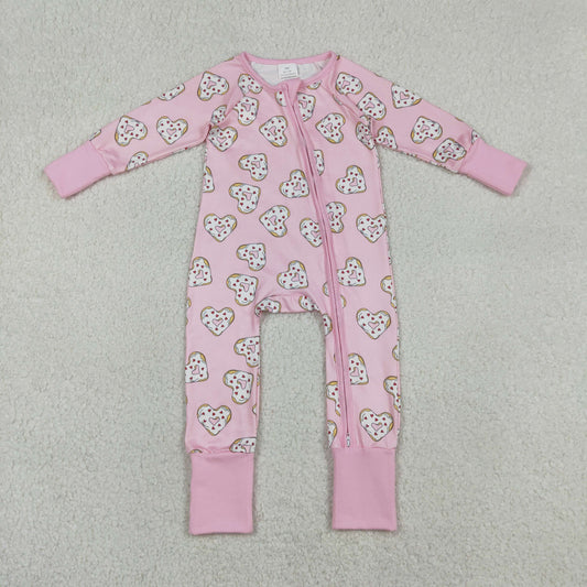 Baby Girls Long Sleeves Donuts Hearts Pink Zipper Valentines Sleeper Romper RTS