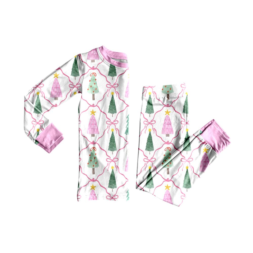 ( Moq 5 ) Preorder Baby Girls Kids Long Sleeves Tree Bows Shirt Pants Set Christmas Pajamas Clothes